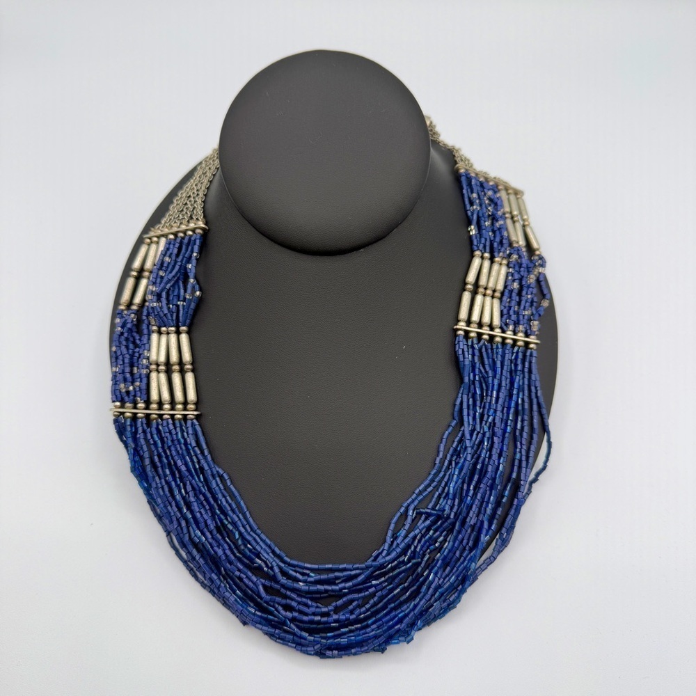 Boho Blue and Silver Beaded Multi-strand Tribal Style Necklace